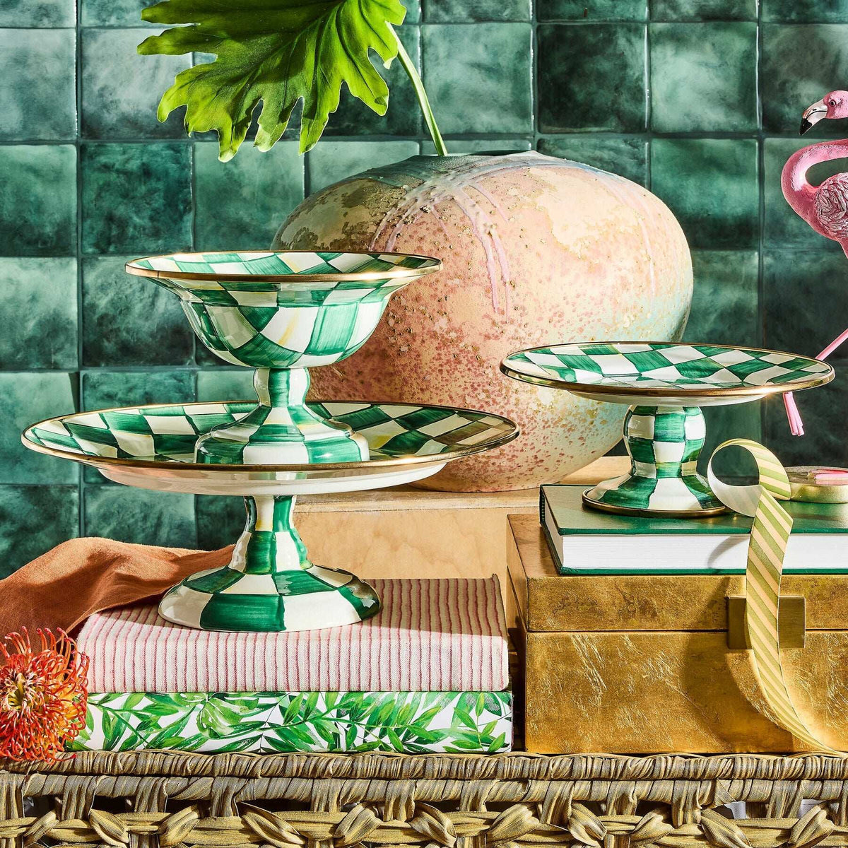 Emerald Check Small Pedestal Platter