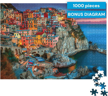 Cinque Terre 1000 Piece Puzzle for Adults - Jigsaw Puzzles - Challenging Italy Coastal Scene with Poster