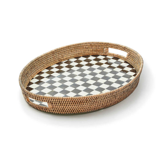 MacKenzie-Childs Courtly Check Enamel & Rattan Party Tray